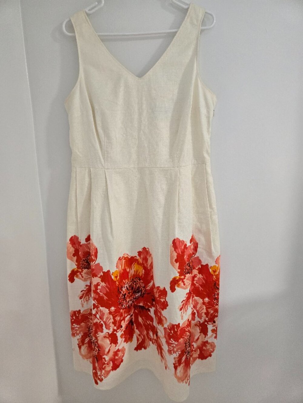 Lands’ End Floral A-Line Dress Women’s 14-Cream & Red Off-White Floral